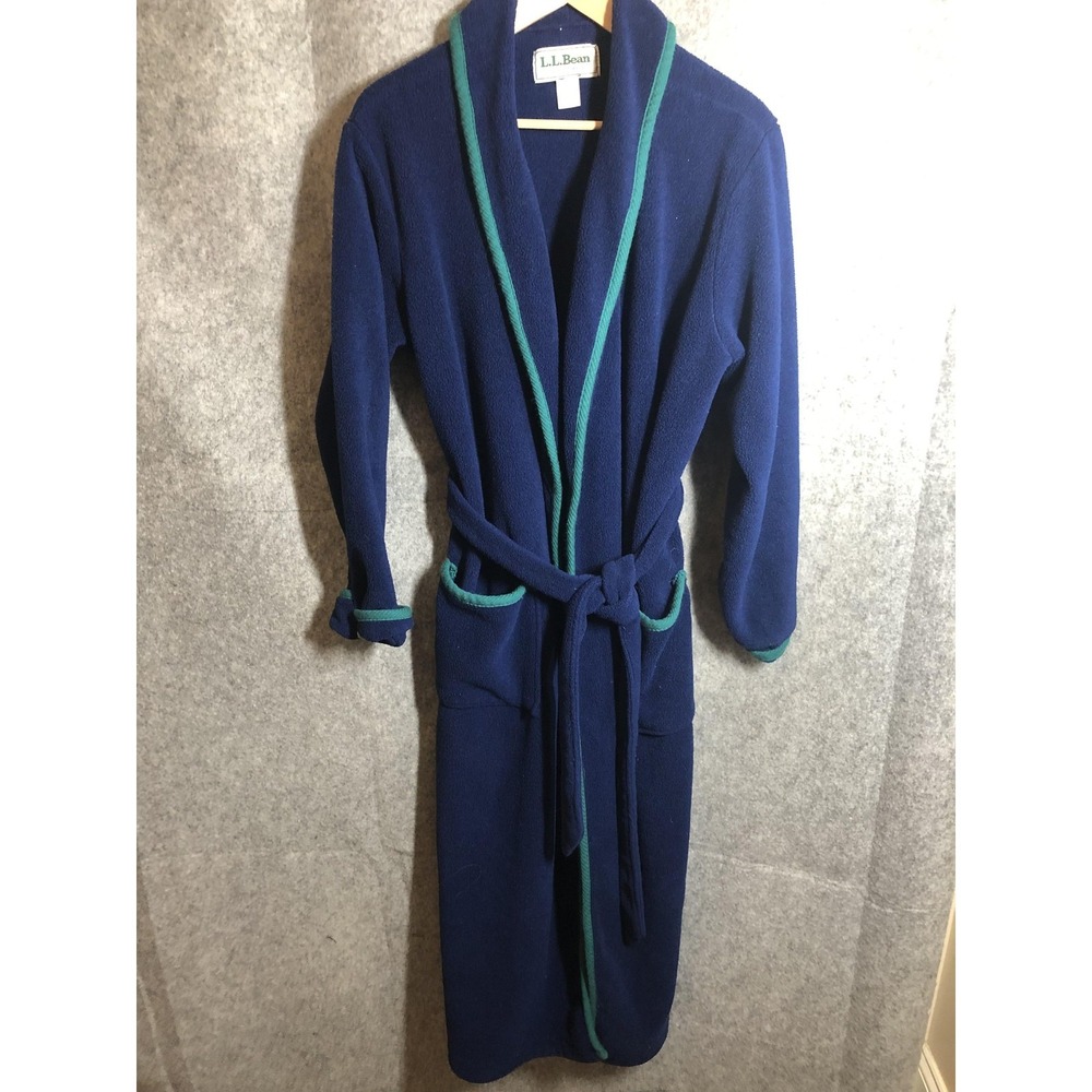 Vntage L.L.Bean Robe Medium Blue Fleece Belted Long Lounge Pockets USA Made‎
